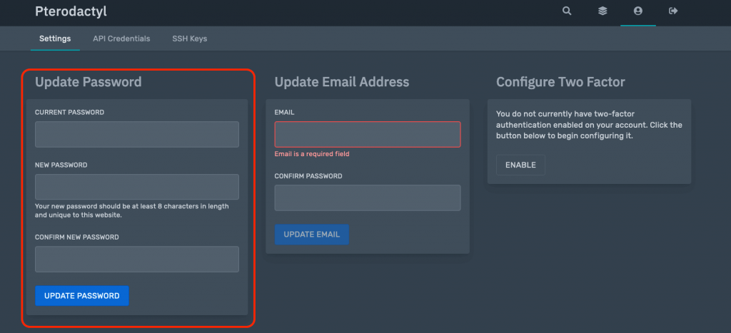 How to change the password from the game panel?